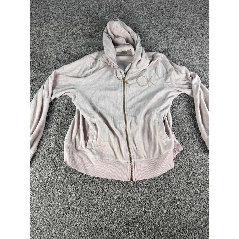 Calvin Klein Womens Pink Velour Rhinestone Logo Full Zip Hoodie Sweatshirt L